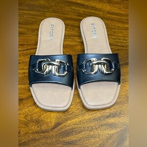 NWOT!!! Fitory Black Sandals with Gold Chain Detail